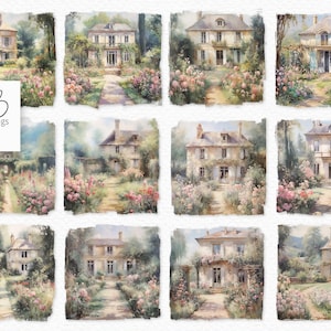 May include: Watercolor illustrations of elegant houses with lush gardens. Each image features a house with a stone path leading to the entrance, surrounded by vibrant pink and green foliage. The images are in a soft, painterly style.
