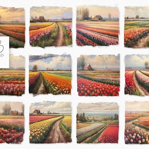 Pintura al óleo digital PNG de campos de tulipanes - Paisajes holandeses - Fondos PNG de tulipanes - Campos de tulipanes coloridos - Tulipanes holandeses - Campos de flores