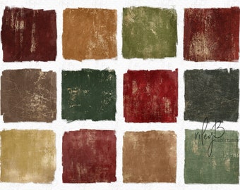 May include: Twelve digital paper squares with distressed textures in shades of red, green, brown, and gold. The squares are arranged in a 3x4 grid.