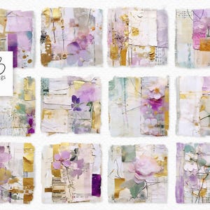 Lilas dorés - Clipart PNG - fond Transparent - Art Floral abstrait - Collage pastel fleurs - Texture feuille d'or - papier vintage PNG
