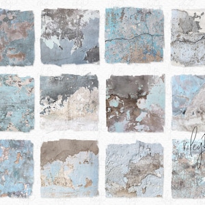 Puede incluir: Diez texturas de papel digital con pintura azul y gris desgastada sobre un fondo blanco. Las texturas son perfectas para agregar un toque vintage o rústico a tus diseños digitales.