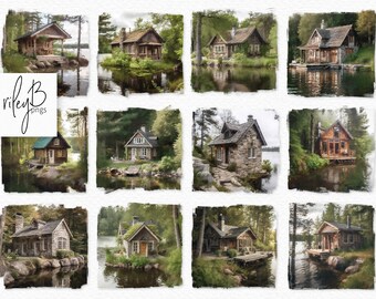 Lakeside Cabins Oil Painting PNGs - Digital Lake Cottage PNGs - Lake Life Clipart - Lake Cabins - Homes at the Lake - Lakeside Clipart