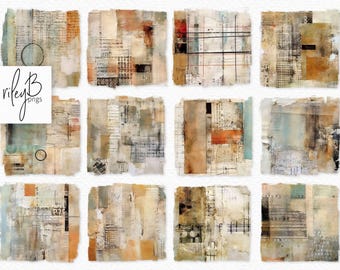 May include: Set of 10 digital paper textures with a distressed, vintage aesthetic. The papers feature a mix of beige, brown, gray, and blue tones with abstract patterns and textures.
