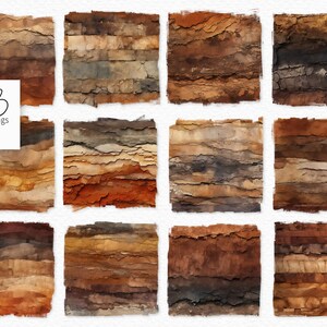 May include: A collection of twelve square digital art pieces. Each piece features a layered, textured design in shades of brown, tan, and rust. The artwork evokes a sense of aged paper or weathered surfaces. The artist's signature, "rileyB pngs", is in the upper left corner.