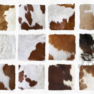 May include: Twelve digital images of different cowhide patterns. The patterns include brown, white, and black patches. The images are arranged in a grid of four rows and three columns.