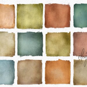 May include: A collection of twelve square digital papers with a textured, distressed appearance. The papers feature a variety of muted colors, including shades of brown, green, and blue. The edges have a rough, torn border. The text "riley B sublimation" is in the bottom right corner.