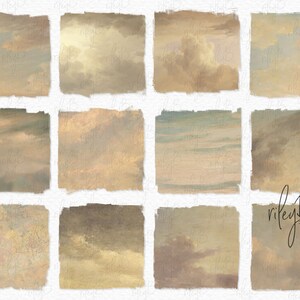 May include: Twelve digital paper textures featuring a variety of soft, muted colors and brushstrokes, reminiscent of a cloudy sky. The textures are perfect for adding a vintage, artistic feel to digital designs.