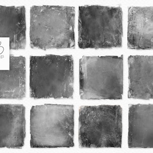 May include: A digital art print featuring twelve textured, square backgrounds in shades of gray. The squares have distressed edges and a worn appearance. The image includes the text "rileyB pngs" in a white box.