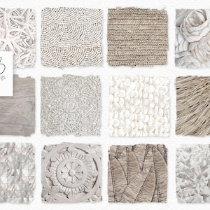 May include: A collage of square images displaying diverse textures and patterns. The textures include white starfish, mosaic tiles, carved wood designs, and woven materials in neutral tones. The image also includes the text "rileyB pngs" in a handwritten font.