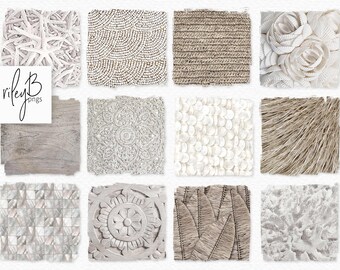 Puede incluir: Una colección de imágenes cuadradas que muestran varias texturas y patrones. Las texturas incluyen estrellas de mar blancas, baldosas de mosaico, diseños de madera tallada y materiales tejidos en tonos neutros. La imagen también incluye el texto "rileyB pngs".