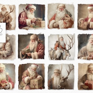 May include: A digital collage of ten images featuring Santa Claus in various poses. Santa is depicted holding gifts, interacting with reindeer, and working on a craft project. The images are set against a rustic background with a distressed, vintage aesthetic.