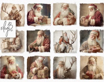 Puede incluir: Un collage digital de diez imágenes que muestran a Papá Noel en varias poses. Papá Noel se representa sosteniendo regalos, interactuando con renos y trabajando en un proyecto artesanal. Las imágenes están sobre un fondo rústico con una estética desgastada y vintage.