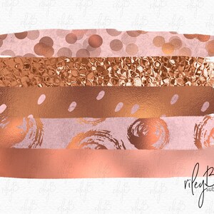 May include: A digital design featuring five horizontal stripes in shades of pink and copper. The stripes have different textures, including polka dots, a textured metallic look, and brushstrokes.