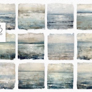 May include: A collection of twelve square digital art prints featuring abstract ocean landscapes. Each print showcases a textured, painterly style with muted blues, grays, and whites, evoking a sense of calm and serenity. The artist's name, "rileyB pngs", is in the upper left corner.