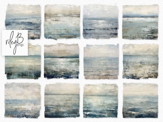 Rustic Seascapes PNGs – Abstract Coastal Ocean Horizon Art – Neutral Blue and Grey Coastal Clipart – Minimalist Sea Landscape Backgrounds
