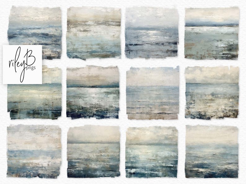 May include: A collection of twelve square digital art prints featuring abstract ocean landscapes. Each print showcases a textured, painterly style with muted blues, grays, and whites, evoking a sense of calm and serenity. The artist's name, "rileyB pngs", is in the upper left corner.