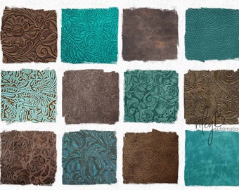 Teal Cowgirl Sublimation PNGs - Turquoise and Brown Embossed Leather - Teal Cowgirl Boot Textures - Tooled Leather Images - Leather Textures