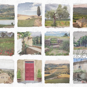 Könnte beinhalten: Eine Collage aus neun Aquarellbildern mit italienischen Landszenen. Die Bilder zeigen sanfte Hügel, Weinberge, Steingebäude und eine rote Tür.