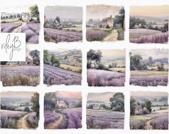 Lavender French Countryside Digital Oil Painting PNGs - French Landscapes in shades of Purple - Lavender Backgrounds - Provence Backgrounds