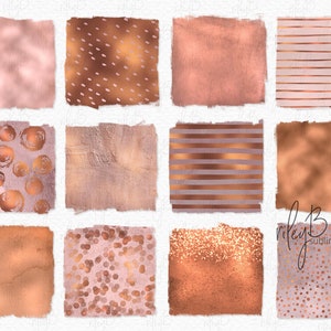 May include: Twelve digital paper designs in rose gold and pink with various patterns including polka dots, stripes, and swirls. The designs are perfect for digital scrapbooking, card making, and other crafting projects.