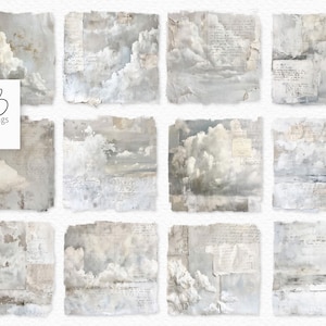 May include: A collection of twelve square digital art prints featuring a cloudy sky theme. Each print has a torn paper effect with soft, muted colors of white, gray, and beige. Some prints include handwritten script.