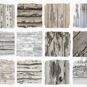 Puede incluir: Doce texturas de papel digital que presentan madera desgastada con pintura blanca descascarada. Las tablas de madera están dispuestas horizontalmente y tienen un aspecto rústico y vintage.