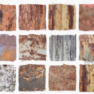 May include: Twelve different rusty metal textures in a grid pattern. The textures are all different shades of brown, red, and gray. Some of the textures have a rough, uneven surface, while others are smoother. The textures are all in focus and well-lit.
