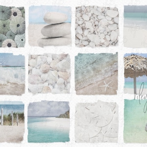May include: A digital collage of 10 beach-themed images. The images include seashells, sand, waves, a seagull, a beach umbrella, and a wooden fence. The images are all in a light blue and white color scheme.
