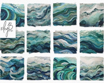 Quilted Waves PNGs - Quilted Effect Waves - Waves in Shades of Blues - Fabric Textured Wave PNGs - Dreamy Waves - Abstract Waves PNGs