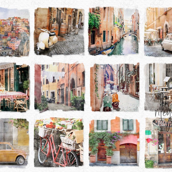 Italian Summer Watercolor PNGs - Digital Watercolors of Italy - Italian Summertime Scenes - Italian Backgrounds - Sublimation Italy