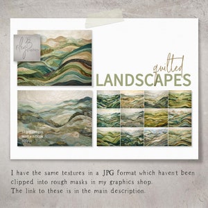 May include: A digital collage of 12 quilted landscape images in green, brown, and blue tones. The images are 5000 x 3750 pixels and 300ppi. The text "quilled LANDSCAPES" is at the top of the image.