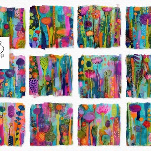 Peut inclure: Une collection de douze impressions d'art floral abstrait colorées. Chaque impression présente un arrangement unique de fleurs stylisées dans des teintes vibrantes de bleu, rose, orange et violet. L'œuvre d'art a un aspect texturé et peint, avec des coups de pinceau visibles.