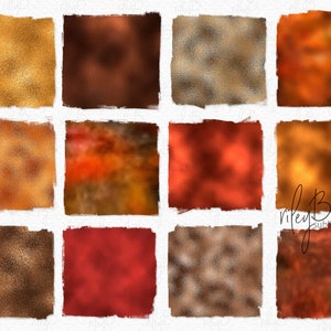 Op de afbeelding: Twaalf digitale papierachtergronden in verschillende tinten bruin, oranje en rood. De achtergronden hebben een subtiel textuur-effect.