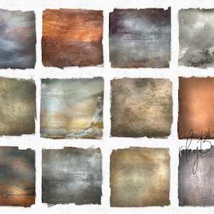 May include: Twelve digital paper textures in a grid pattern. The textures are a mix of brown, gray, and blue with a distressed, aged look.