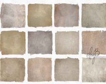 May include: Twelve digital paper textures in various shades of brown, beige, and gray. The textures have a subtle, faded look, reminiscent of old paper or canvas.