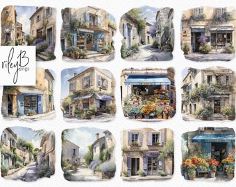 Provence Village Watercolor PNGs - Provence Digital Watercolors - Digital French Scenes - French Village Watercolor PNGs - Provence PNGs
