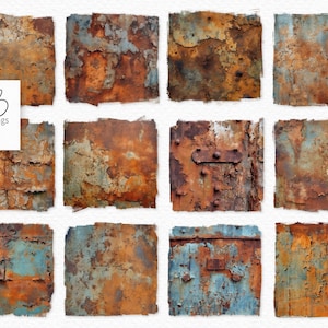 May include: Twelve digital collage sheets featuring various textures of rusty metal in shades of brown, orange, blue, and gray. The metal has a worn and weathered appearance with visible cracks, rivets, and bolts.