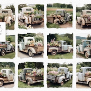 Pintura al óleo de camionetas con flores PNG - Camionetas vintage digitales PNG - Imágenes prediseñadas de camionetas con flores - Camionetas con flores - Imágenes prediseñadas de camionetas PNG