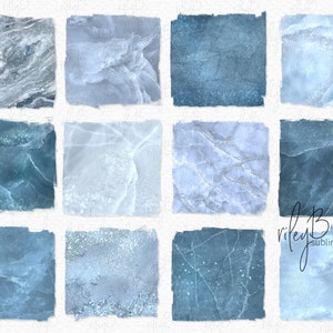 Peut inclure: Douze textures de papier numérique dans des tons de bleu avec un effet brillant. Les textures sont disposées en grille sur un fond blanc.