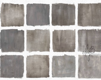 May include: Twelve digital paper textures in shades of gray and brown. The textures are in a grid pattern and have a subtle brushstroke effect.