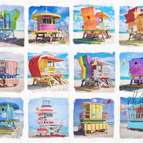 Aquarelle de Miami Beach PNG - aquarelles numériques de Miami Beach Lifeguard Towers - Miami Beach PNG - Lifeguard Towers aquarelles numériques