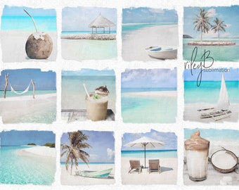 Tropical Beach Watercolor PNGs - Sublimation Watercolor Ocean Scenes - Seaside Backgrounds - Tropical Sublimation PNGs