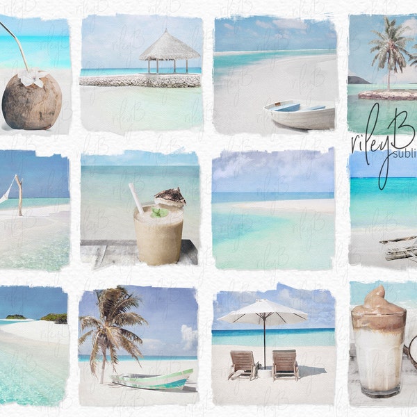 Tropical Beach Watercolor PNGs - Sublimation Watercolor Ocean Scenes - Seaside Backgrounds - Tropical Sublimation PNGs