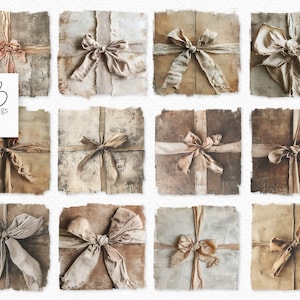 May include: Twelve vintage-style gift boxes, each wrapped in aged paper and tied with silk ribbons. The ribbons are in shades of beige, brown, and pink. The boxes have a rustic, antique aesthetic, evoking a sense of nostalgia.