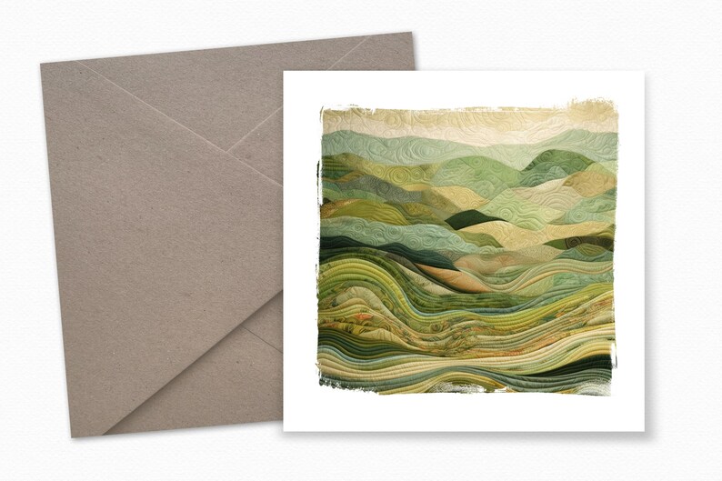 May include: A green and brown abstract landscape art print with a textured, quilted look. The print has a white border and a distressed, faded effect.