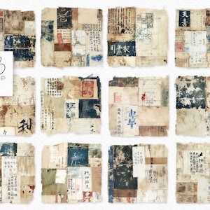 May include: A collection of twelve square digital art pieces. Each piece is a collage of aged paper fragments with faded colors of beige, blue, and red. The fragments feature Asian calligraphy and stamps, creating a vintage aesthetic. The artist's logo is in the upper left corner.