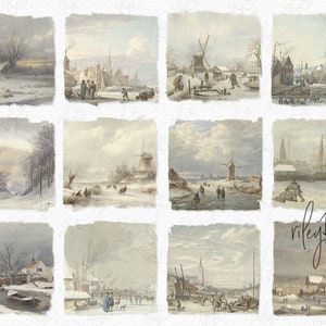 Vintage holandés invierno acuarela pintura PNGs - arte holandés suave - fondos de escena de invierno - lápiz holandés antiguo y pinturas de acuarela