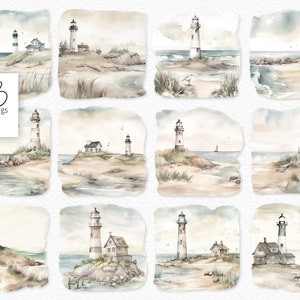 Leuchtturm Aquarell PNGs - Digitale Leuchtturmszenen - Leuchtturm Clipart - weiche Leuchtturm Aquarelle - Pastell Leuchtturm Aquarelle