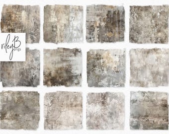 May include: A collection of twelve square digital art pieces with a distressed, textured appearance. The color palette includes shades of gray, brown, and beige, with visible imperfections and a weathered aesthetic. The image includes the text "rileyB pngs".