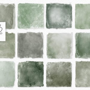 May include: Twelve square digital papers in shades of green and grey, with textured, distressed effects. The papers have a watercolour-like appearance, with variations in colour and texture. The "rileyBpngs" logo is in the upper left corner.